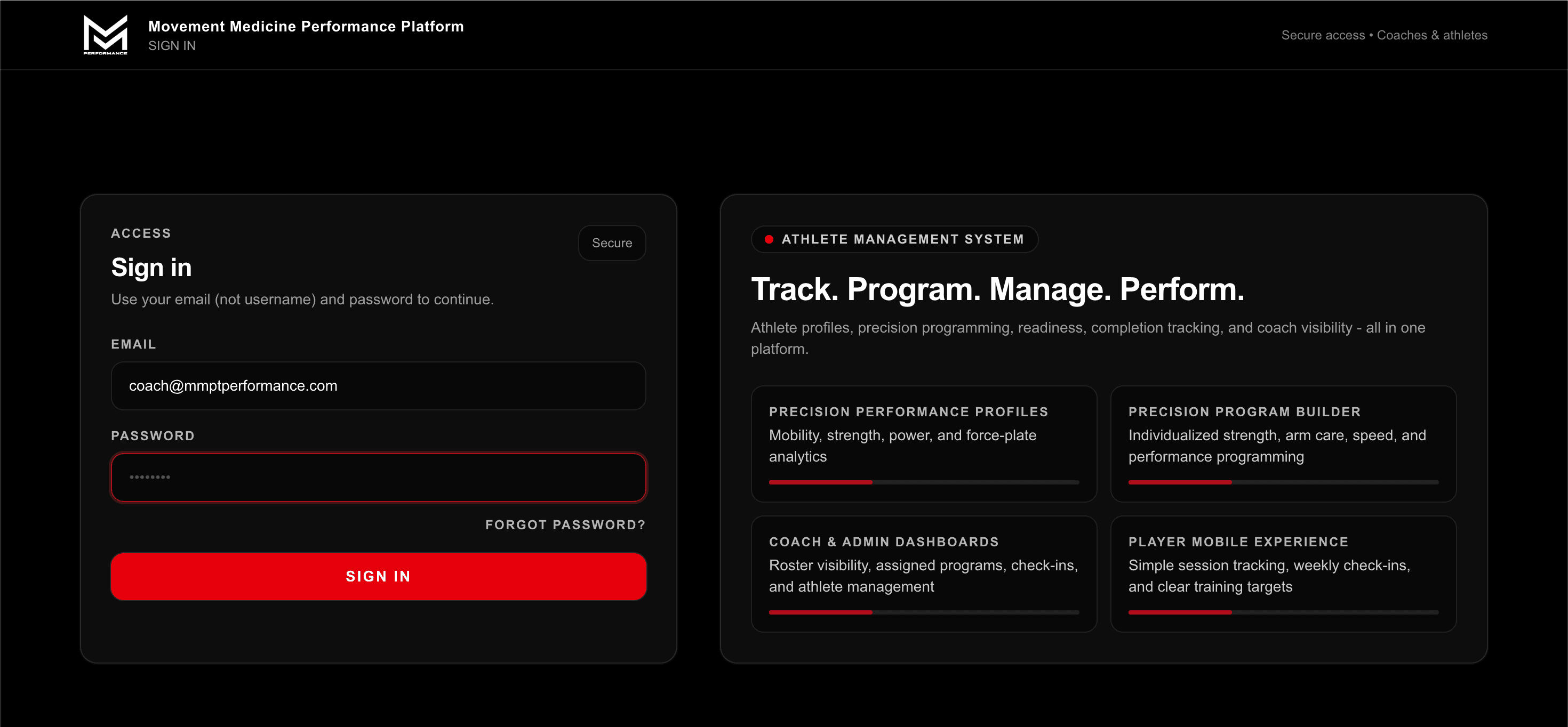 Movement Medicine Performance Platform sign-in screen with athlete management system features