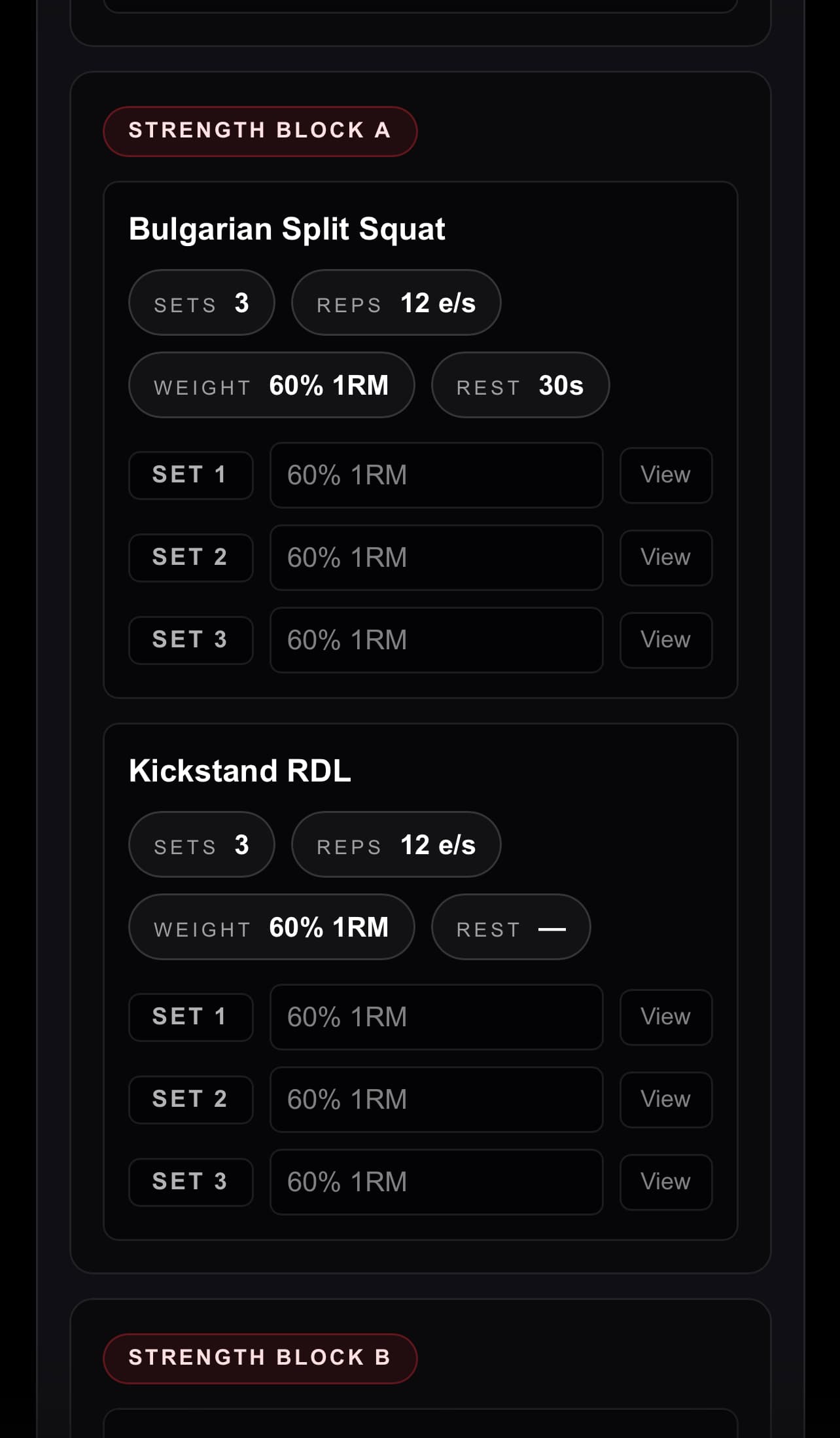 MMPT platform strength block and exercise list view